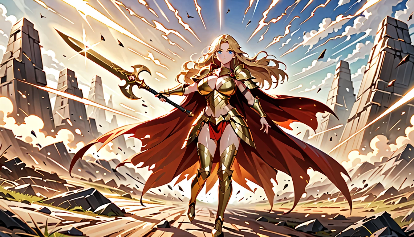 score_9, score_8_up, score_7_up,expressiveh,fitness athletic body,hourglass body,amazing scenery,tan brown skin,majestic armor made from jewels and gold,onrmanets,decorated armor with a cap with fur decroating the shoulderplates,wielding a large double wielding hammer,helemt with horns,golden eyes,golden hair,golden halo,standing on a battlefield,sunset,1woman,female, full body view, golden boots, abs