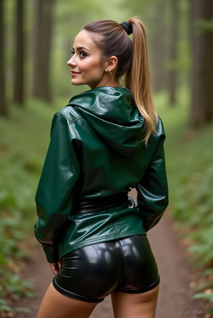 complete backside photo of a 30 years old woman with light brownblond hair tied to a ponytail. She is on a hiking trail in a foresr. She is wearing a glossy black latex shorts and a jacket with a hood out of forest green latex. She is also wearing leather boots. She is looking seductive, erotic, sinful and lustful into the camera. She is smiling mischievous.