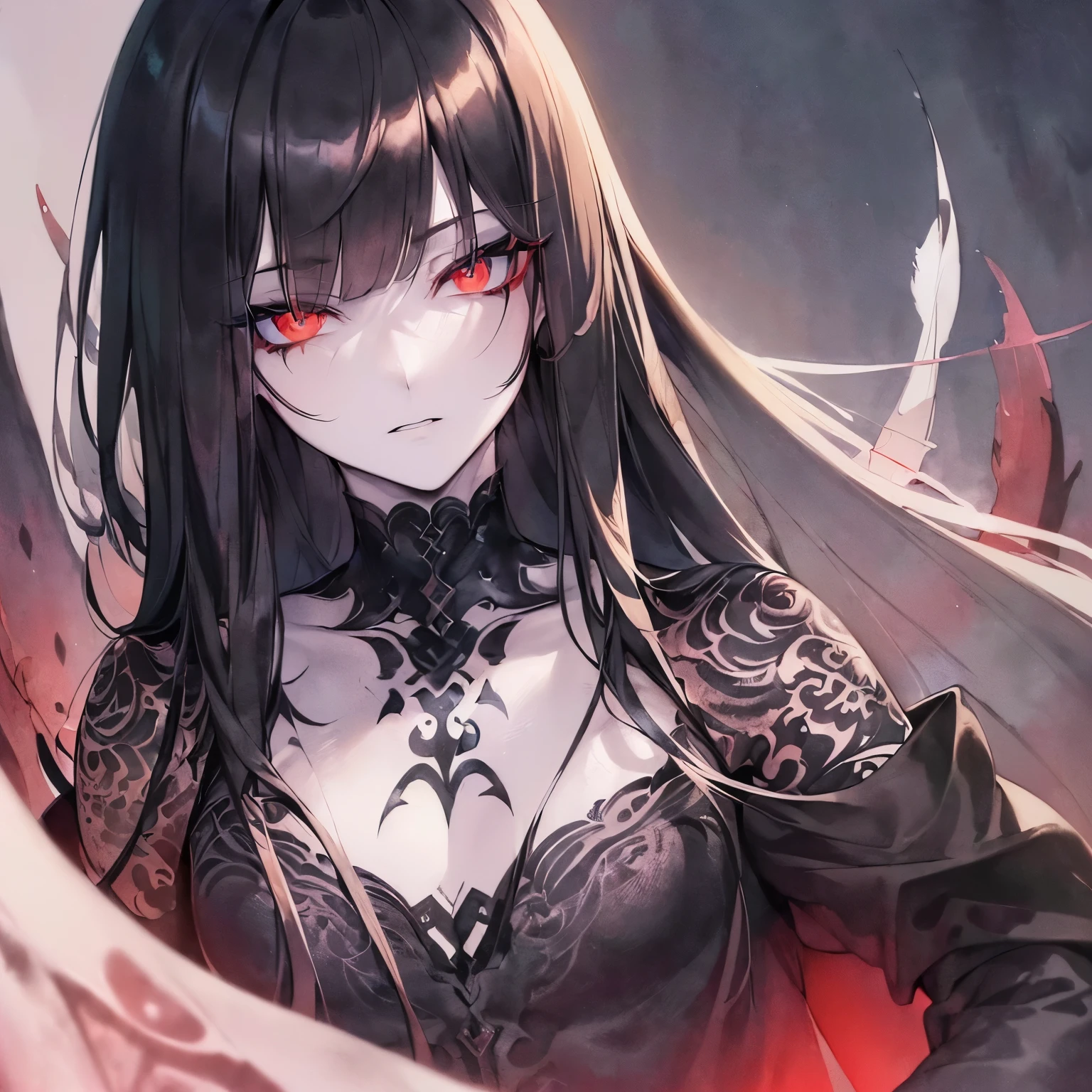 Anime girl with long black hair and red eyes holding a sword - SeaArt AI