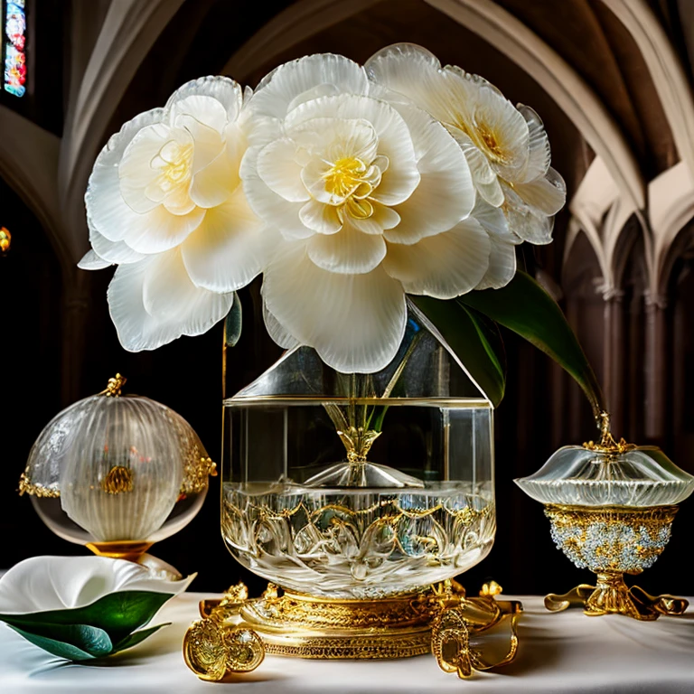 Clear roses made of the highest quality glass、Clear Glass Vase 、elements of gothic architecture、Delicate Pen Style 、beautiful、 Professional Photographer's Lighting 、Intricate petals、beautiful色、Faint lighting、 Decorated on the Palace Altar 