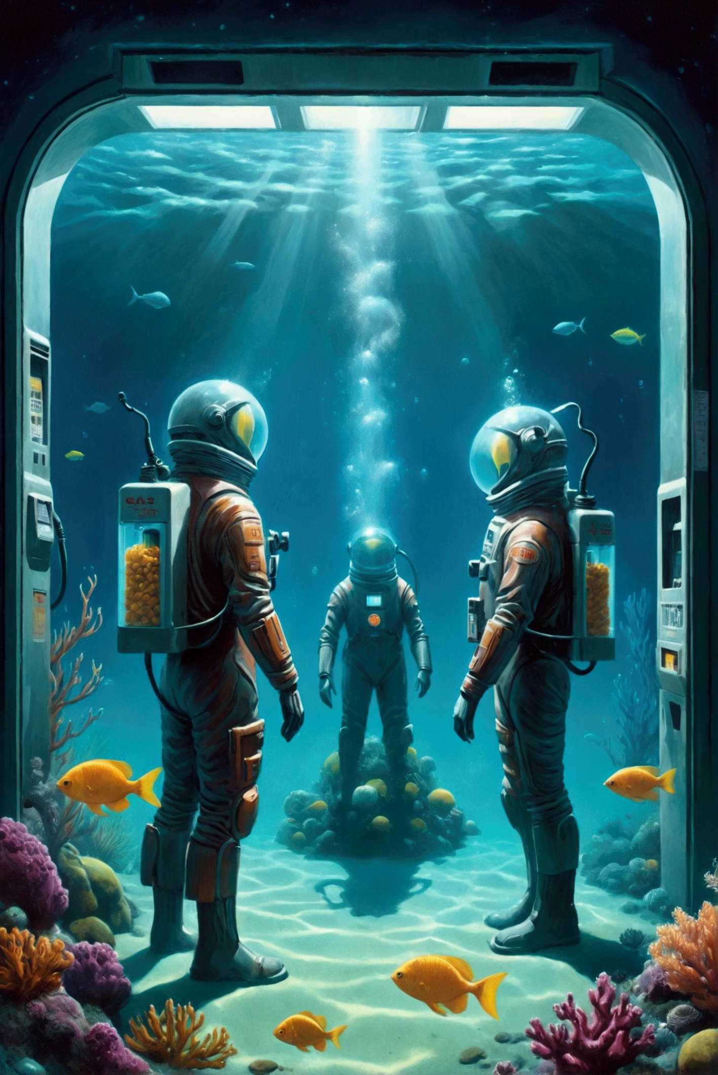   pictures of men standing underwater ,  underwater gas station ,   80s printed sci-fi art   ,   detailed sci-fi art  ,  Retro sci-fi art  ,  underwater sci-fi vending machine  ,  underwater sci-fi vending machine ,   80s sci-fi art style  ,   80s sci-fi animation art ,   on another planet  