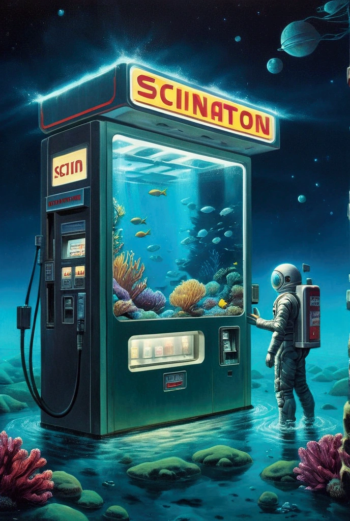   pictures of men standing underwater ,  underwater gas station ,   80s printed sci-fi art   ,   detailed sci-fi art  ,  Retro sci-fi art  ,  underwater sci-fi vending machine  ,  underwater sci-fi vending machine ,   80s sci-fi art style  ,   80s sci-fi animation art ,   on another planet  