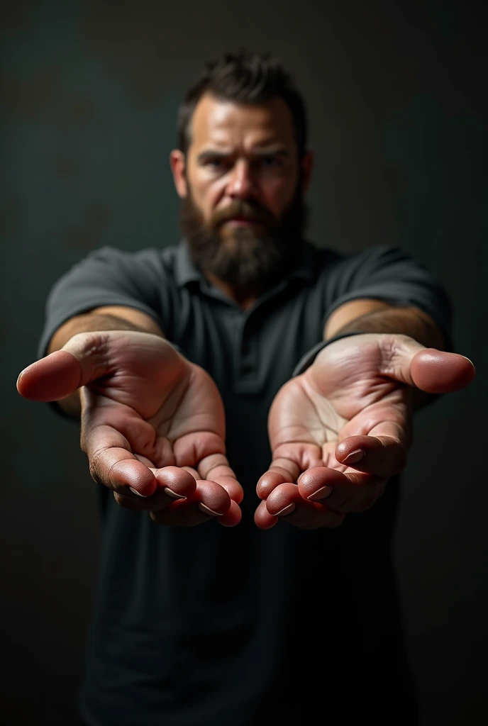 arafed man polo shirt holding out his hand, hand holdings