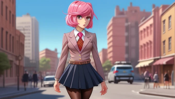 3d, masterpiece,  best quality , anime, highly detailed, cowboy shot, 1 , Alone, Natsuki-chan,  pink eyes ,  two sides up , hair ornament,  short hair, blazer,  brown sweater ,  dress shirt, paste ribbon, blue skirt,    looking at the viewer , City background on the street. (( black pantyhose ))