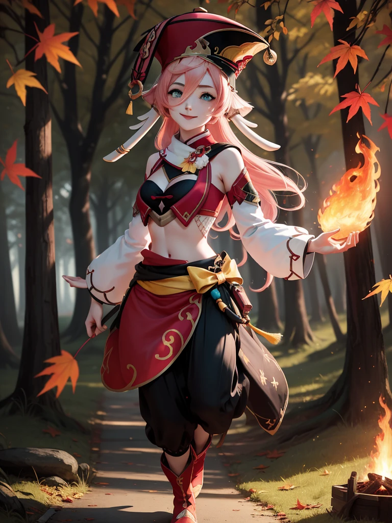 1 girl, (alone:1.2), ((masterpiece)), [Slim], (), pale skin, ((delicate eyes)), (bokeh effect), (dynamic angle), dynamic poses, blue hair, fire flame effect, smiling, hapiness, fire fractal, pink hair, There are white corners on the side, Red Hat, external, autumn, trees and leaves, Yellow leaves fall, Walk on the grass