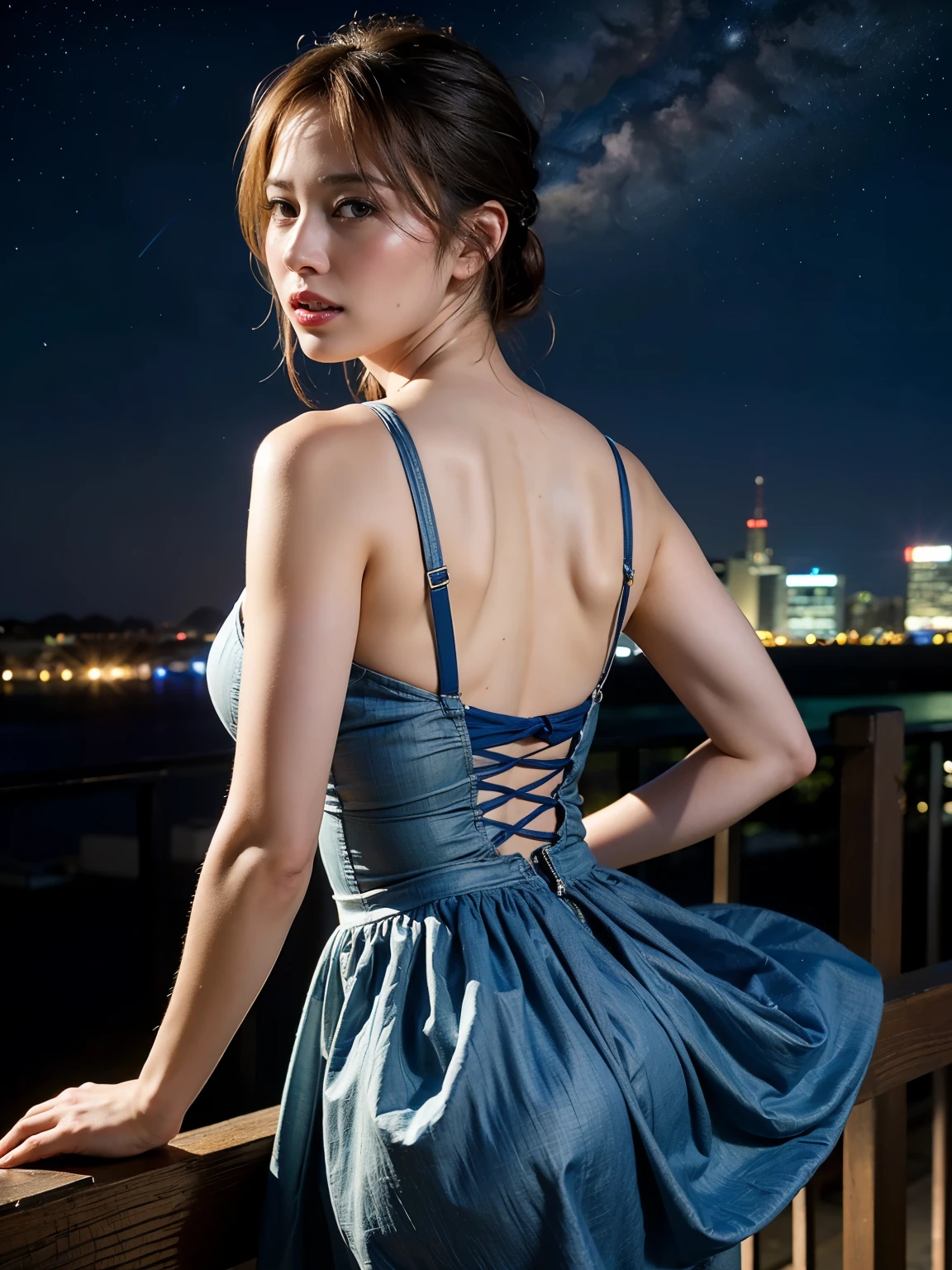 ((masterpiece, highest quality, Best image quality, High resolution, Realistic, RAW Photos, 8k)), ((Highly detailed CG synthesis 8k wallpaper)), Dancing in the starry sky, View from behind, (blue glowing), Shining blue in the dark night, Fluttering summer dress,