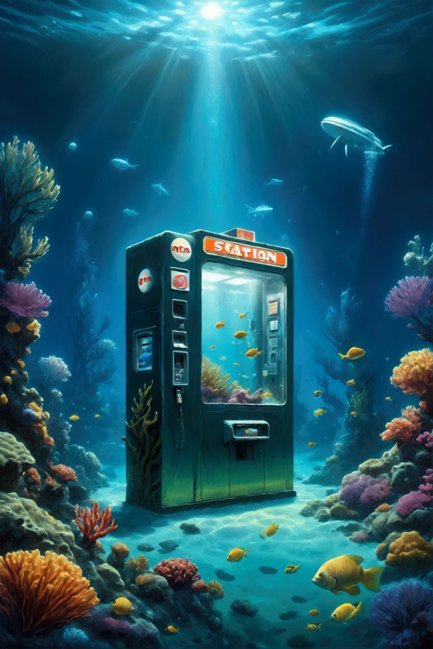   pictures of men standing underwater ,  underwater gas station ,   80s printed sci-fi art   ,   detailed sci-fi art  ,  Retro sci-fi art  ,  underwater sci-fi vending machine  ,  underwater sci-fi vending machine ,   80s sci-fi art style  ,   80s sci-fi animation art ,   on another planet  