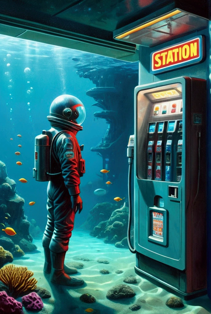   pictures of men standing underwater ,  underwater gas station ,   80s printed sci-fi art   ,   detailed sci-fi art  ,  Retro sci-fi art  ,  underwater sci-fi vending machine  ,  underwater sci-fi vending machine ,   80s sci-fi art style  ,   80s sci-fi animation art ,   on another planet  