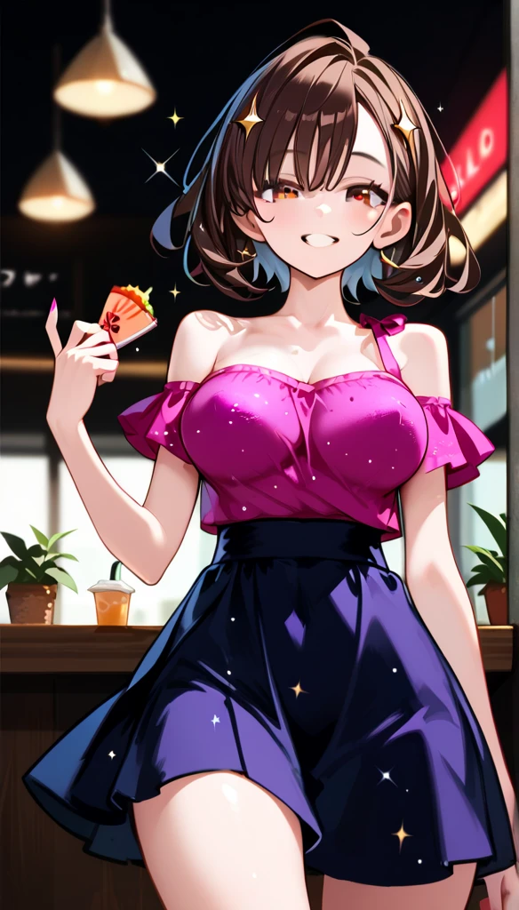 (score_9, score_8_up, score_7_up, score_6_up, score_5_up, score_4_up, just describe what you want, tag1, tag2, highest quality, Best quality, masterpiece,) BREAK she has large breasts, (((perky breasts))), ((covered nipples)), (cleavage) BREAK , slender waist, skinny,  , round face, brown eyes , BREAK (grin, ( happy), (half open eye), (parted lips), ) BREAK (messy chignon , hind hair, )  BREAK ((((extremely extremely extremely close-up face, looking at viewer, from below)))), (((1 lady is putting hand on between legs and under breast, she is wearing sheer casual dress, cropped shoulders, separate breasts, dropped breasts, scooping handful gesture with hands nearby her chin , cafe, sparkle, glitter shirt, polaroid phot style ))),