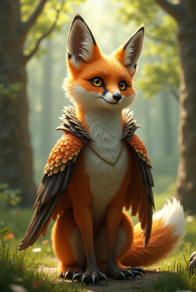 Dragon-Fox Hybrid fusion": "A sleek, elegant creature with the shimmering scales and wings of a dragon, blended with the cunning, bushy tail and nimble agility of a fox, darting through a mystical, enchanted glade.""" Ultra HD high resolution 4K 