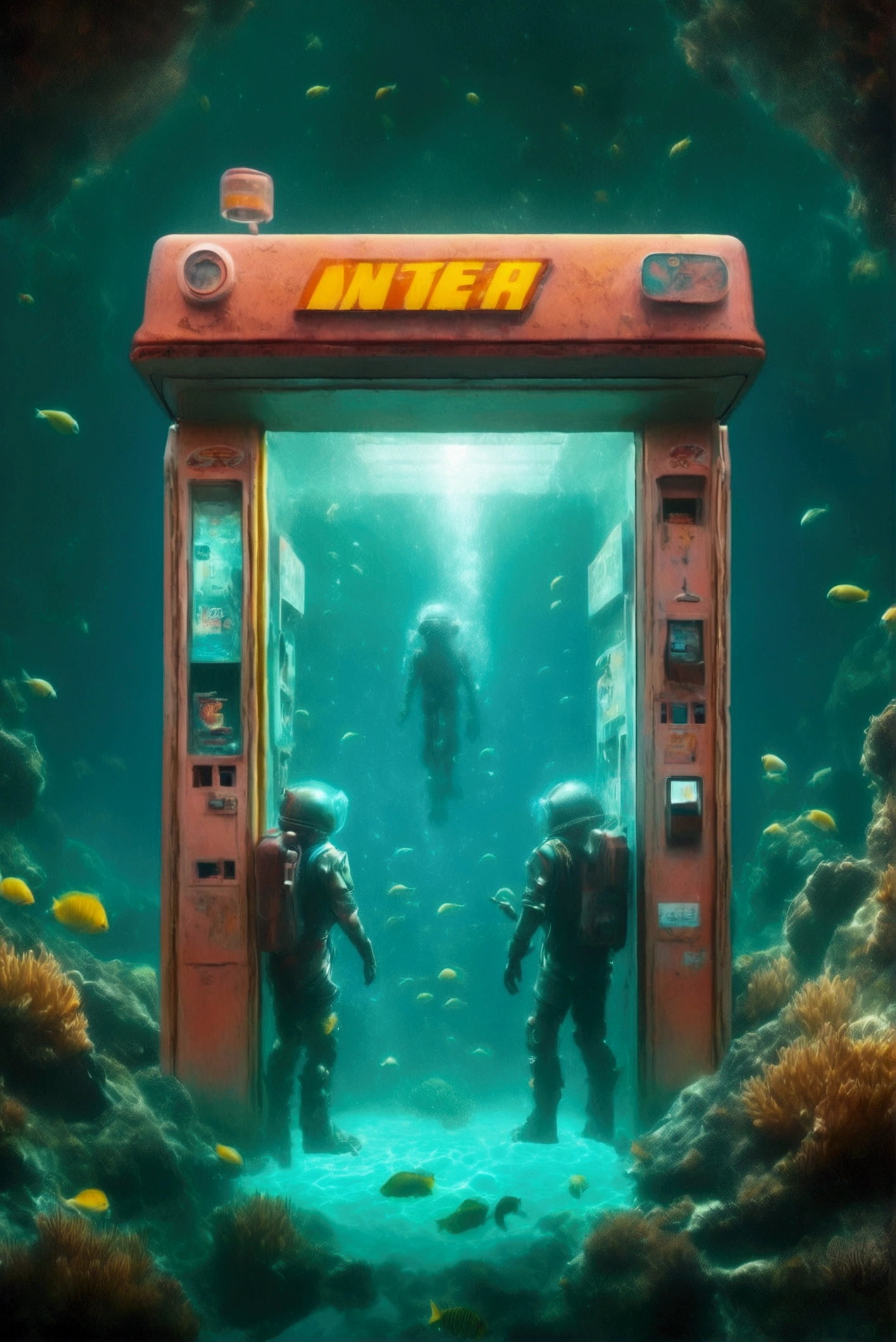   pictures of men standing underwater ,  underwater gas station ,   80s printed sci-fi art   ,   detailed sci-fi art  ,  Retro sci-fi art  ,  underwater sci-fi vending machine  ,  underwater sci-fi vending machine ,   80s sci-fi art style  ,   80s sci-fi animation art ,   on another planet  