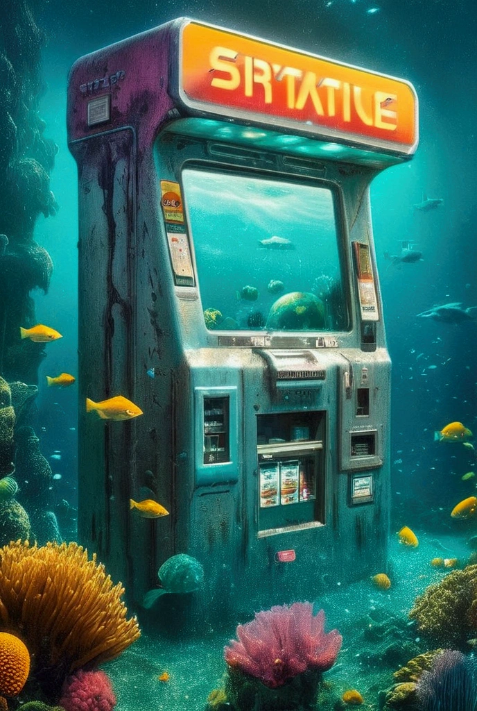   pictures of men standing underwater ,  underwater gas station ,   80s printed sci-fi art   ,   detailed sci-fi art  ,  Retro sci-fi art  ,  underwater sci-fi vending machine  ,  underwater sci-fi vending machine ,   80s sci-fi art style  ,   80s sci-fi animation art ,   on another planet  