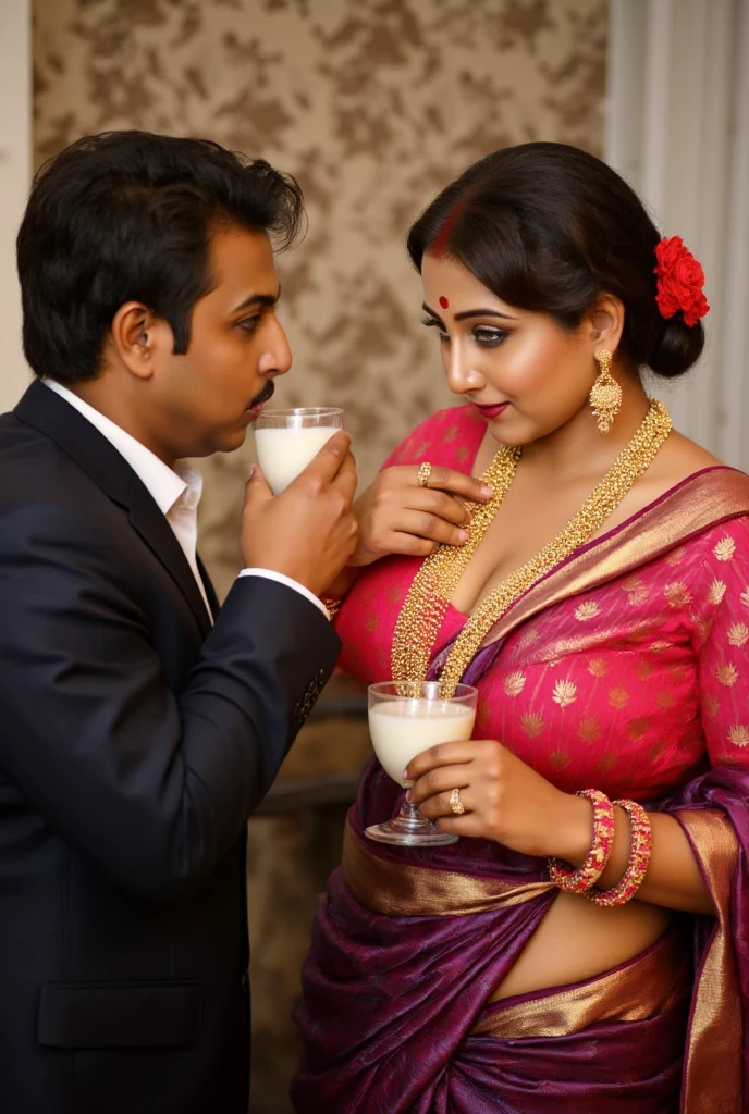 In a sumptuous, traditional indoor setting, the South Asian woman stands near the 20yo black african boy, radiating an aura of irresistible seduction. Dressed in a maroon sari with intricate gold embroidery, the fabric hugs her voluptuous curves, accentuating her thick body and hourglass shape. Every movement she makes is purposeful, drawing attention to her big breasts and wide hips. Her gold jewelry—necklace, bangles, and nose ring—shines with elegance, further enhancing her regal presence.

Her updo hairstyle, adorned with a red flower and gold hairpin, perfectly frames her face, which is defined by bold, smoky eyes and long curled lashes. Her cat-like gaze is both intense and luring, pulling in anyone who dares to meet her eyes. Her lips curl into a teasing smile, playful and provocative, as she slowly lifts a glass of milk to her lips.

As the boy watches, she takes a deliberate sip, her eyes never leaving his. She swirls the milk around in the glass for a moment, savoring the smooth texture, her full lips parting slightly as she drinks, the sensuality of the act amplified by the intimacy of the moment. Her gaze deepens, the air thick with the sensual tension between them, as she leans slightly toward him, offering him a knowing, teasing smile. The milk, white and smooth, contrasts with the deep red of her sari and the gold accents of her jewelry, a visual feast of elegance and indulgence.

With a playful glint in her eye, she places the glass down and encourages him to drink more, though this time her seductive cheering takes on a new intensity, as she herself savors the milk with slow, deliberate movements. Her body language oozes confidence, as if she’s fully in control of the situation, coaxing the boy with both her charm and her actions.

The african boy waering a black shorts only, remains captivated, his hand still resting on her shoulder, but his focus is entirely on her. The room is bathed in warm lighting, and the ornate wallpaper with subtle beige a