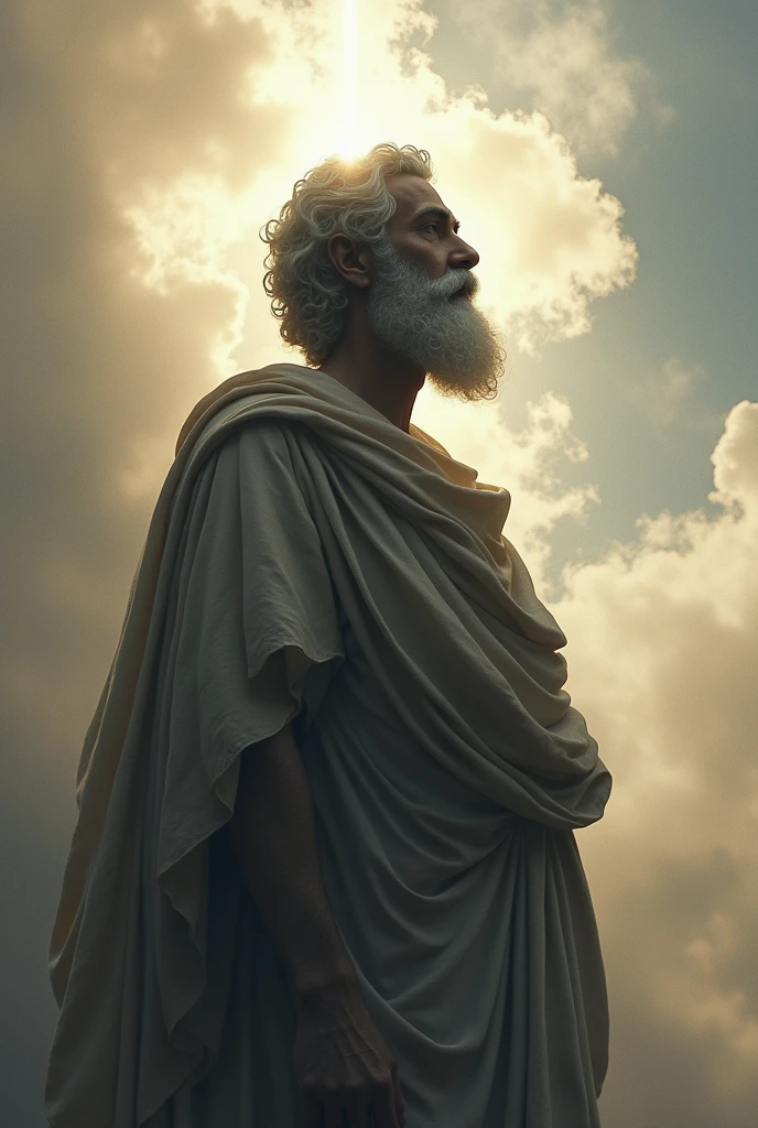 Close-up shot, Low angle shot, (An ethereal scene of Chrysippus “A wise, elderly man with a long, flowing white beard, full white hair on his head and piercing eyes, dressed in a simple but elegant white toga”, now a translucent figure, walking through a peaceful, otherworldly landscape. The ground is covered in soft, glowing mist, and the sky is filled with vibrant colors of dawn. In the background, the silhouettes of other philosophers can be seen, watching him with respect and curiosity. Chrysippus' expression is serene, his eyes reflecting a deep understanding of the universe’s ultimate joke. The atmosphere is calm and introspective, as the scene emphasizes the fleeting nature of life and the eternal pursuit of wisdom.) unreal engine, cinematic, hyper-real, highly detailed, Ultra realistic HD --q 2 --v 6.1 --ar 9:16
