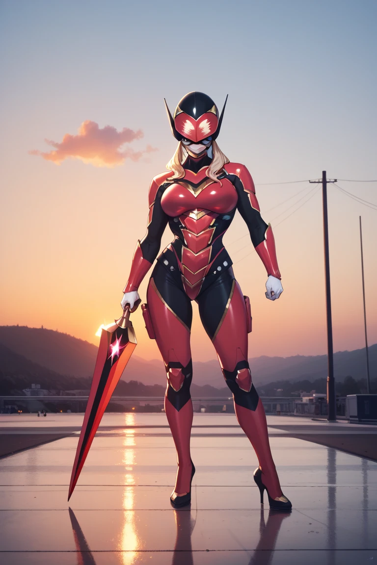  lyrics, 8K ultra HD, A beautiful blonde woman silhouette of a goddess with the coast at sunset, hidden eyes,  metal face masks , red full body armor,  red power ranger helmet with black visor, Weapons, unaccompanied ,  the coast at dusk should serve as a backdrop ,  with its details incorporated in the goddess , sharp lines, The background is monochrome,  sharp focus, double exposure, By Yukisakura,  impressive full color 