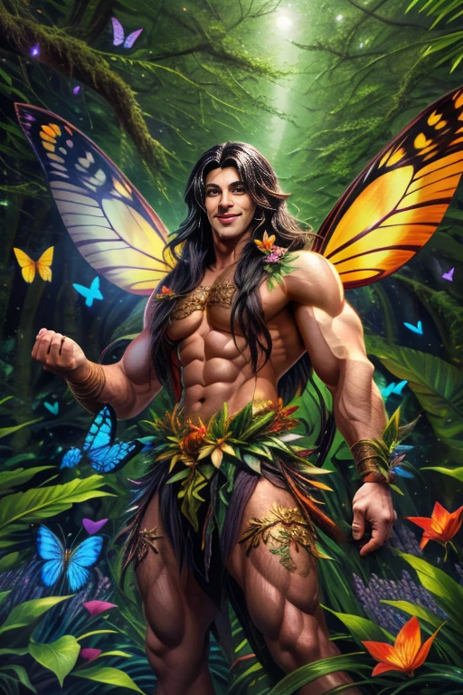  artwork, male fairy , muscular arms and legs, strong chest,  Long black hair, wings, shine,  in an enchanted forest , butterflies, vegetation, flowers,  sexy and charming smile,  looking at the viewer with an inviting look , 8 k , HDR