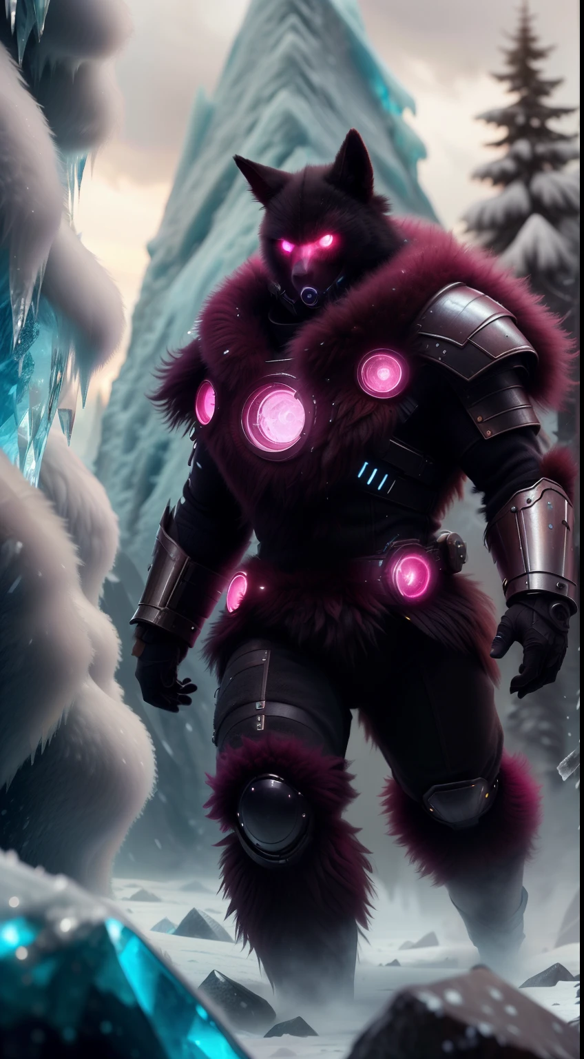 FurryStyle Fuchsia portrait, solo, (full body:0.6), detailed background, detailed face, (warp, scifi,  ulblackholetech theme:1.1), Brown winter warrior, (glowing eyes:1.05),  paladin, dynamic pose, heavy armor,  surrounded by magical aura,  ice shards, icicles, cold, windy background, frozen natural landscape in background  cinematic atmosphere,