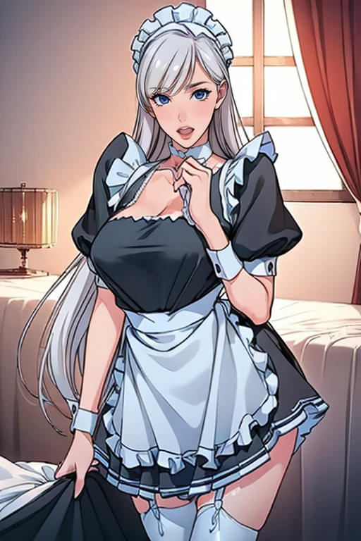 top-quality、Full limbs、complete fingers、1 beautiful woman,28yo,(ideal ratio body proportions:1.5), beautiful detailed face, perfect feminine face,mole under eye、sweat、Slender beauty、straight haired、silver hair、(mini skirt sexy maid apron:1.5)、(coverd nipples:0.9)、very skinny、cleavage、White pantyhose、(castle、 Room、bed:1.2)、(manizer,invite a man,in heat:1.7),used condom、vulgarity、spoken heart、(tan:1.5)、(open mouth:1.5),