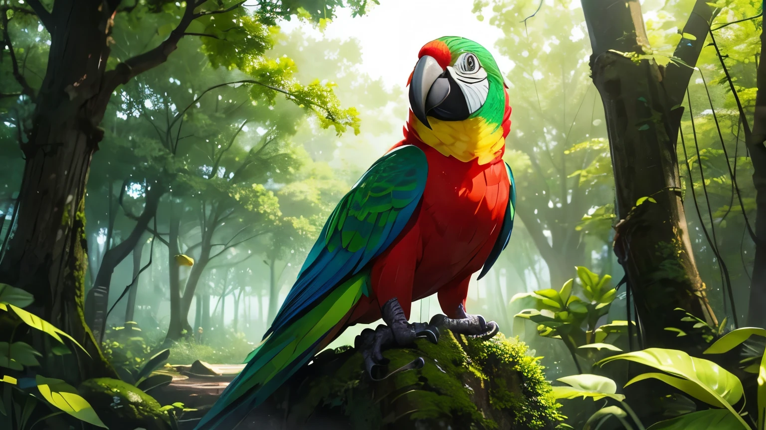 Brightly colored parrot perched on a rock in a forest - SeaArt AI