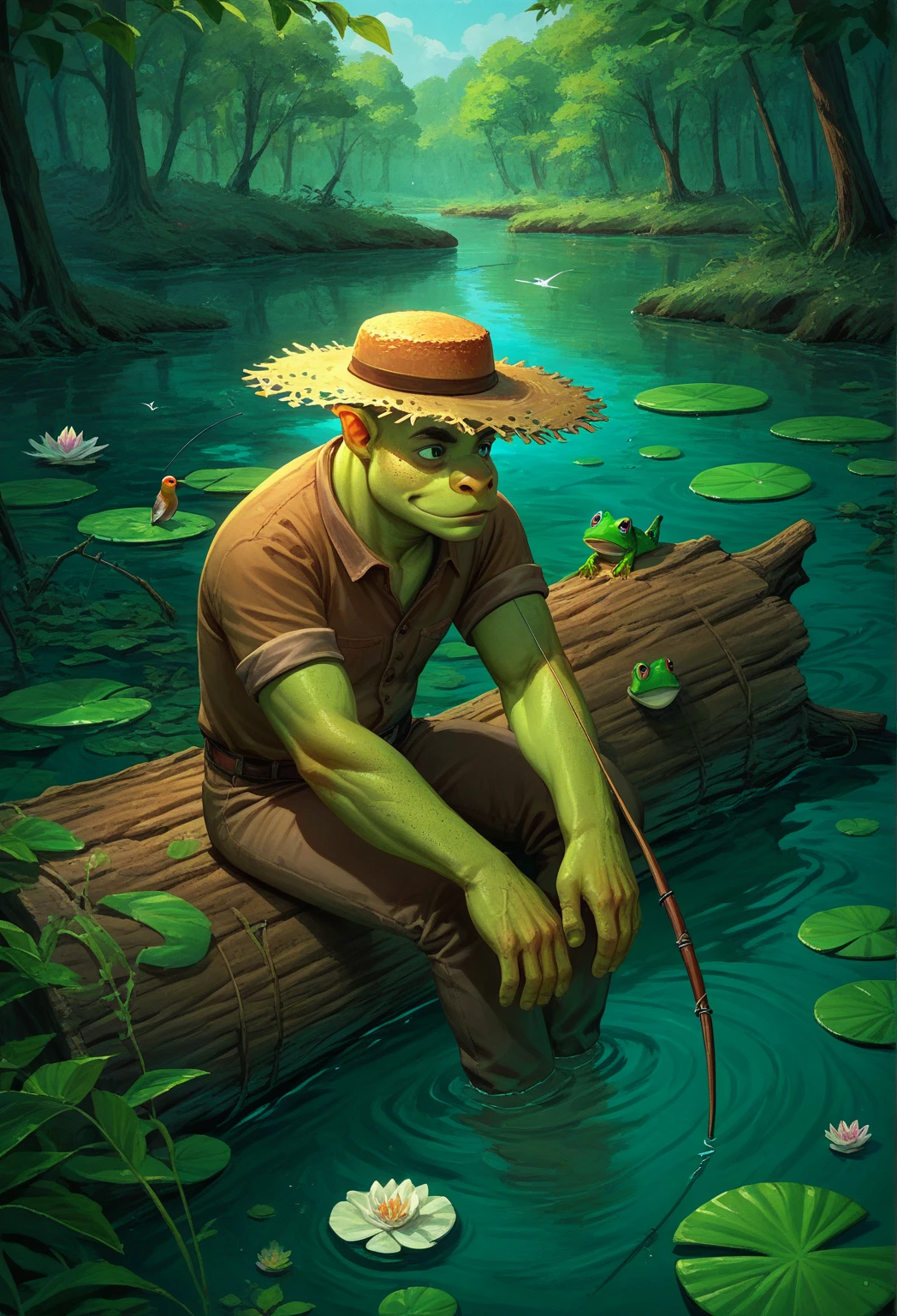  score_9,  score_8_up,  score_7_up, Alone, male focus,Shrek,  green skin,scenery,Swamp,Water Lily, straw hat,Have a fishing rod, smiles lightly,leaf,Frog,bird,sitting on a wooden stump,Outdoor 