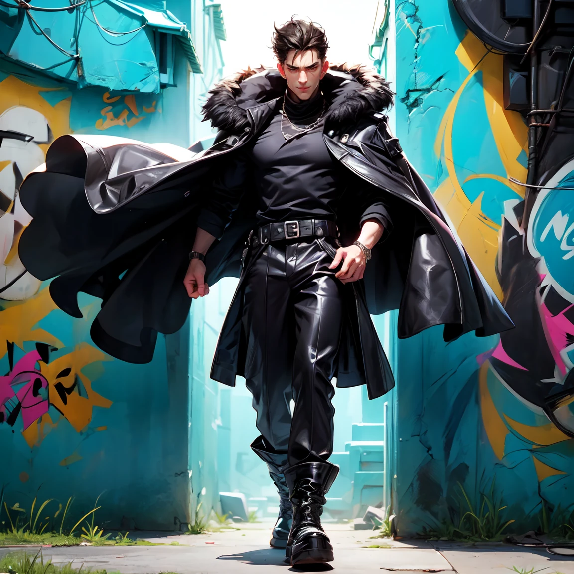 (masterpiece), anime style, 1boy, expressive eyes, handsome face, jawline, green eyes, thick eyelashes, black eye shadow, short dark hair, smiling mischievously, tall, mature, muscular physique, wide shoulders, black leather fur coat, black shirt, long black trousers, leather boots, against a wall, graffiti, undefined, undefined, undefined, undefined, 