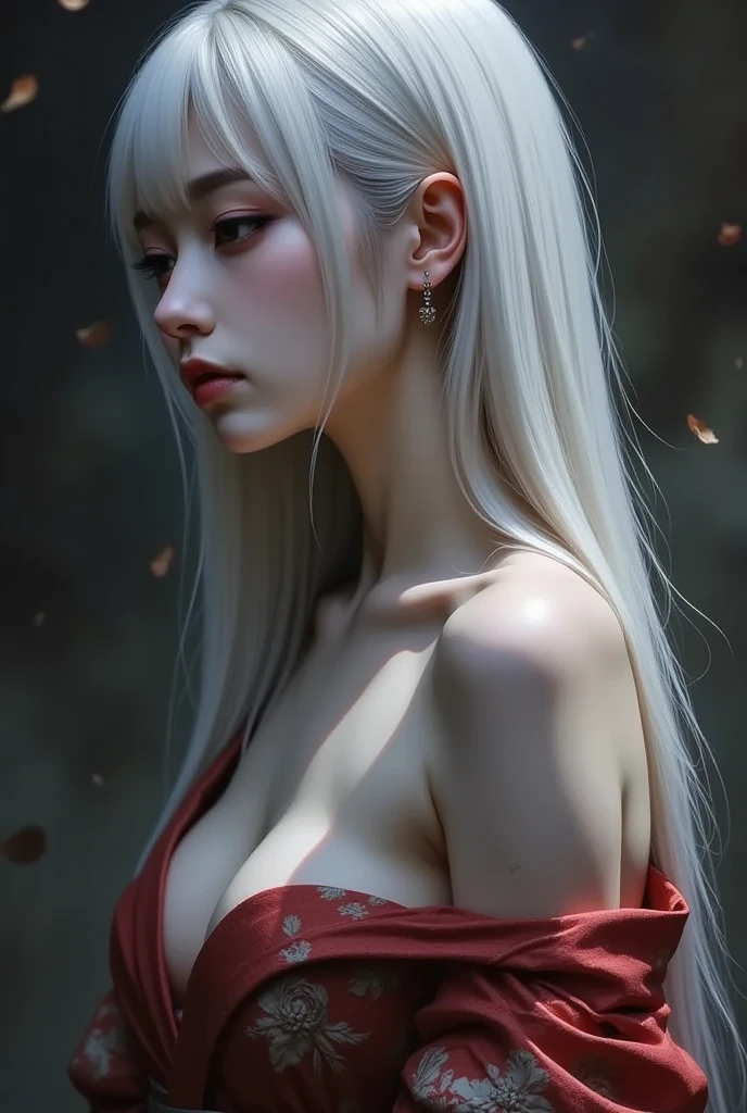 1girl, asian girl, upper body, expressionless, pale skin, black eyes, white hair, long hair, straight hair, bangs, makeup, earrings, kimono, off shoulder, cleavage, dramatic lighting, autumn, dreamlike, profile, highly detailed, dark fantasy oil painting