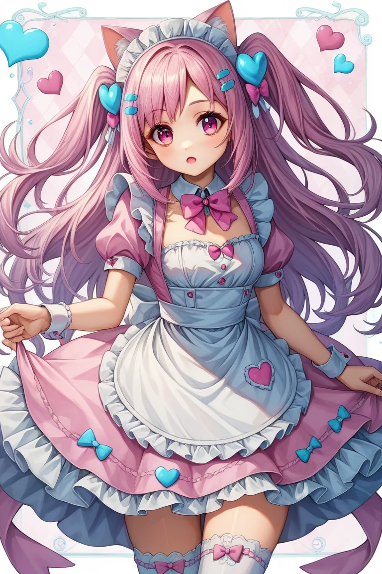 1girl,solo,sakuna,sexy pose,embarrassed,blush,sitting,sitting backwards,heart hands,from below,pink eyes,Beautiful Eyes,pink hair,animal ears,maid headdress,thigh highs,puffy short sleeves,cat like ears,dress,apron,white apron,long hair,two side up,light blue bow,hair ornament,puffy sleeves,short sleeves,pink dress,wrist cuffs,pink bow,sakuna,sakunaXL,maid headdress,puffy short sleeves,dress,white apron,light blue bow,hair ornament,puffy sleeves,short sleeves,pink dress,wrist cuffs,pink bow,hair ornament,Official Costumes,(masterpiece,best quality,very aesthetic,ultra detailed),intricate details,pink heart background