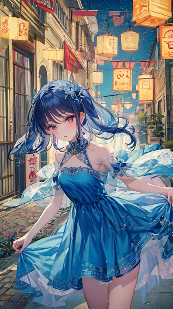   anime girl  in blue dress with lantern lights in the background, Nightcore,  more beautiful than Kira style, Anime Style 4k,  cute girl anime visual ,  more beautiful than Kira, From desire,  more beautiful than Kira artwork, Ethereal Anime,  more beautiful than Kira art, beautiful   anime girl ,   Cute Anime Wife Wears a Nice Dress  , Anime aesthetics, young   anime girl ,   anime girl ,  Anime Illustration 