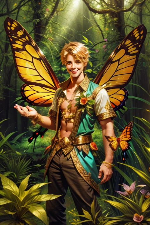  artwork, male fairy , young tall cute boy ,  medium blond hair,  huge wings , shine,  in an enchanted forest , butterflies, vegetation, flowers,  sexy and charming smile,  looking at the viewer with an inviting look , 8 k , HD