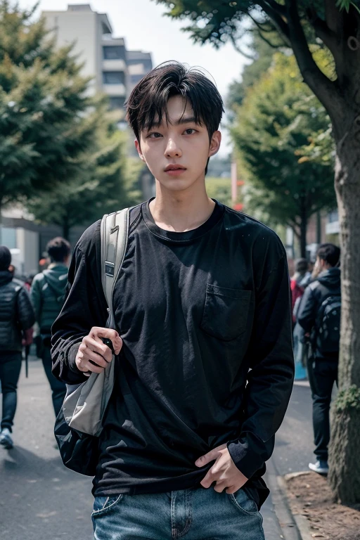 Korean man, wearing a black t-shirt and a bege jacket, with his hands inside the pocket, with a backpack, at a park with a street with a sort of people and some trees without focus