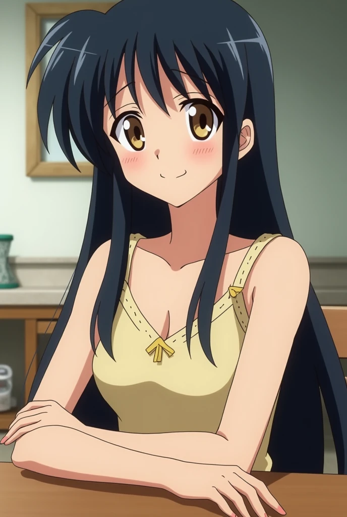 Screenshot of Ranma 1 / 2 girl with long straight black hair ,  light brown eyes and a cheerful expression ,  and Akane's house is sitting at the table in the background.