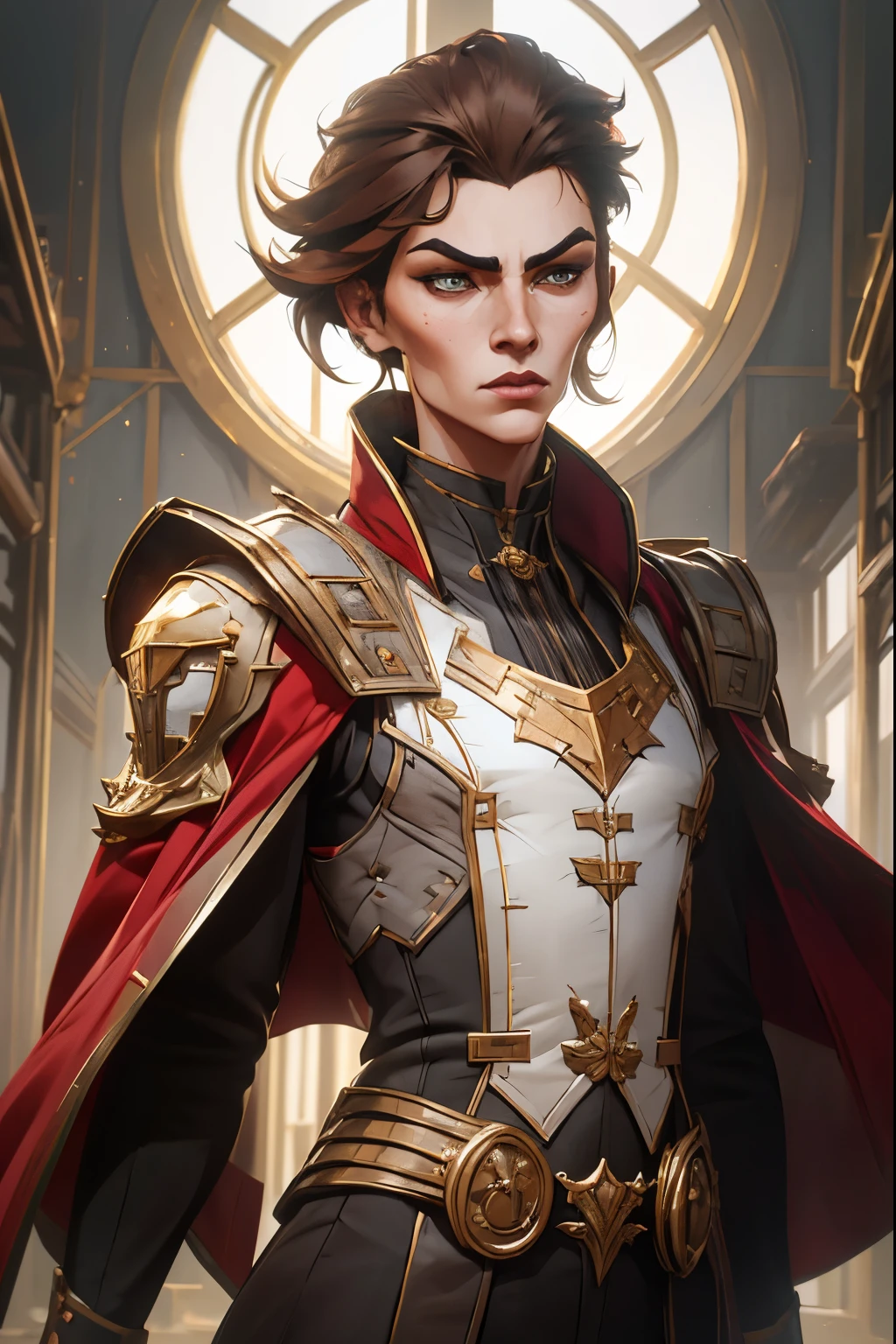 oil painting, high science fantasy aesthetic, tall figure, lean build, straight long brown hair, stern look, strong jaw and cheekbones. empowering slim fitting red coat with long coattails and gold markings, flat shoulders, high collar, stylized edges, authority figure, dramatically stylized background
