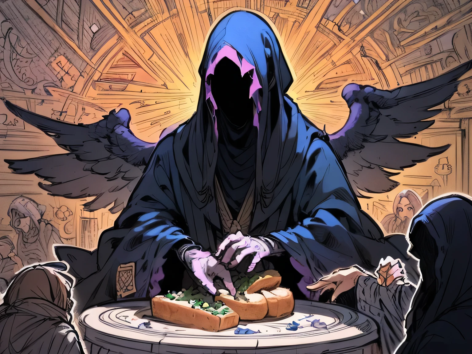 family table Conference, eating bread,((round table)), all Nazgul,indian style,looking at viewer,close up face,missing link,(Nazgul:1.3),(geometric pattern purple robe),fruits、machine wings,Small continent 、joy、 we are the protagonist、 protomedusa、Snakes get tangled 、ghost、(manga style),(sketch),(illustration),