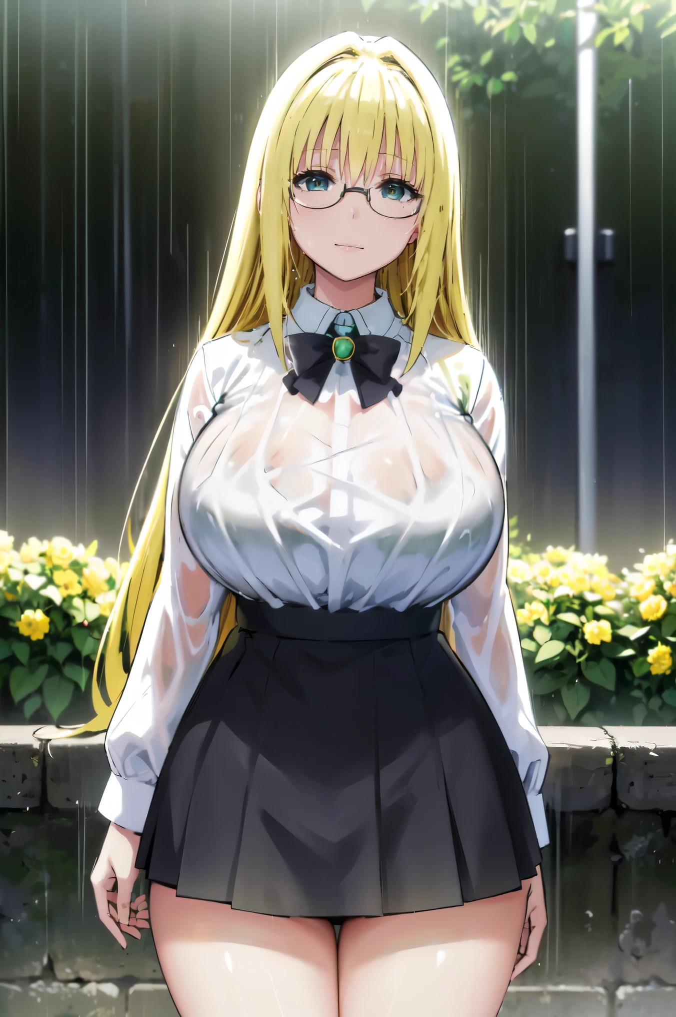 Blonde hair, very huge  tits, ((wet white shirt long Sleeve, collat, black short skirt, glasses)),  (rain), ((rainny days)), thick, busty, green eyes,  ponytaik hair, upperbody, smile, cleavage,legs, thigh, flower garden