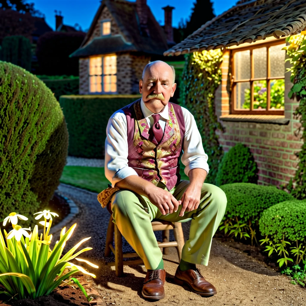 a man sitting in a garden, vest with apron, highly detailed, Zwxthejx , 1900s, animated cartoon, gorgeous lighting, illuminated