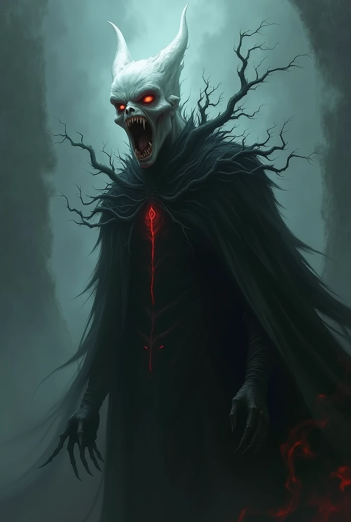 Scary -- humanoid -- thin body, strong and very tall -- Long hair, smooth ass, black and messy -- Smiling madly, disproportionately wide smile, sharp teeth with blood dripping -- dark gray skin -- wide eyes, completely red, bright -- Blood running from the eyes -- Long arms, long sharp nails -- Black colored wizard robe, Short sleeves -- Black background with red light coming from behind it, blood splattered, Red smoke
((4k image quality, HDR, face detailed, detailed clothing, detailed scenery))