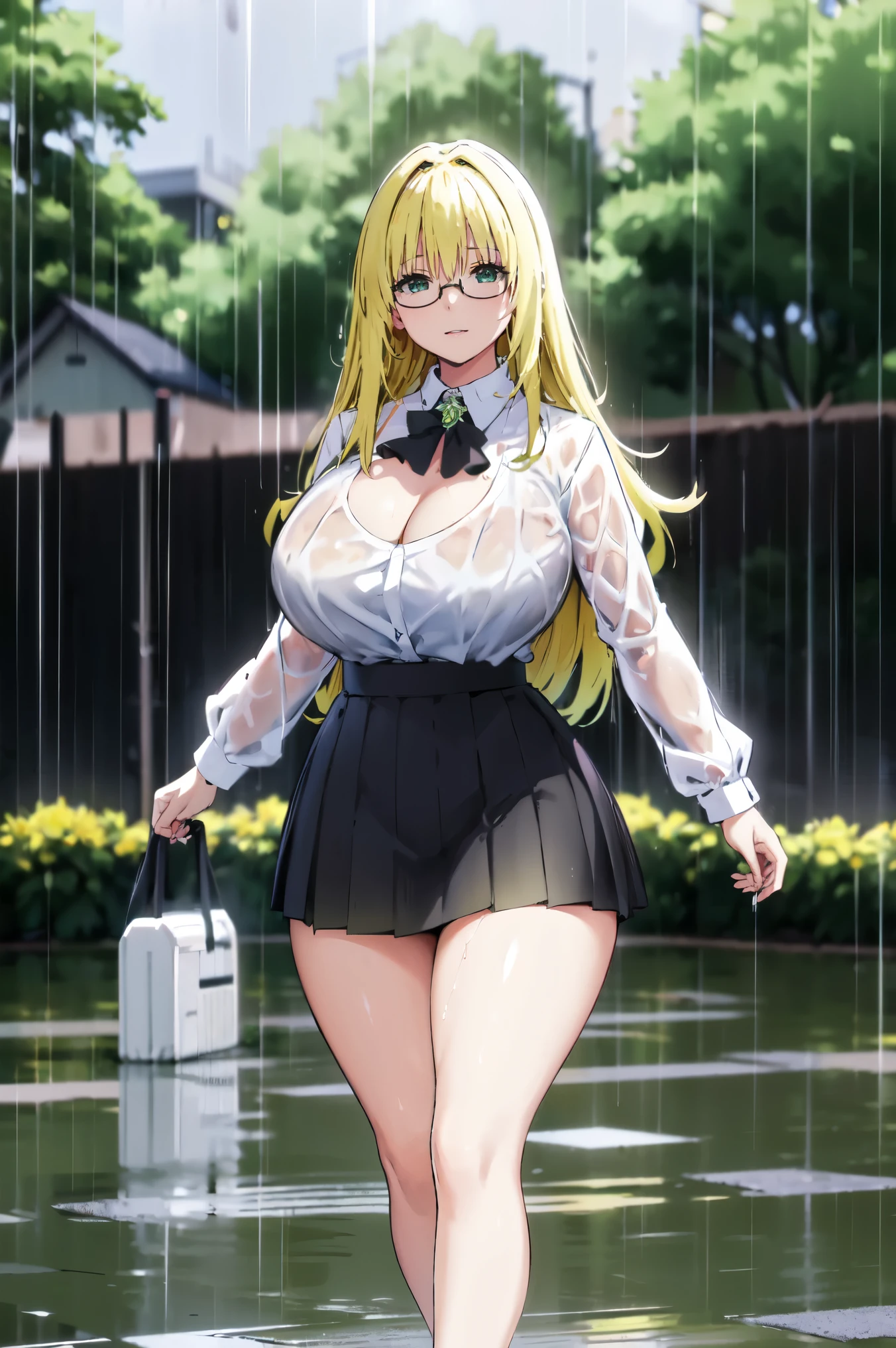 Blonde hair, very huge  tits, ((wet white shirt long Sleeve, collat, black short skirt, glasses)),  (rain), ((rainny days)), thick, busty, green eyes,  ponytaik hair, upperbody, smile, cleavage,legs, thigh, flower garden