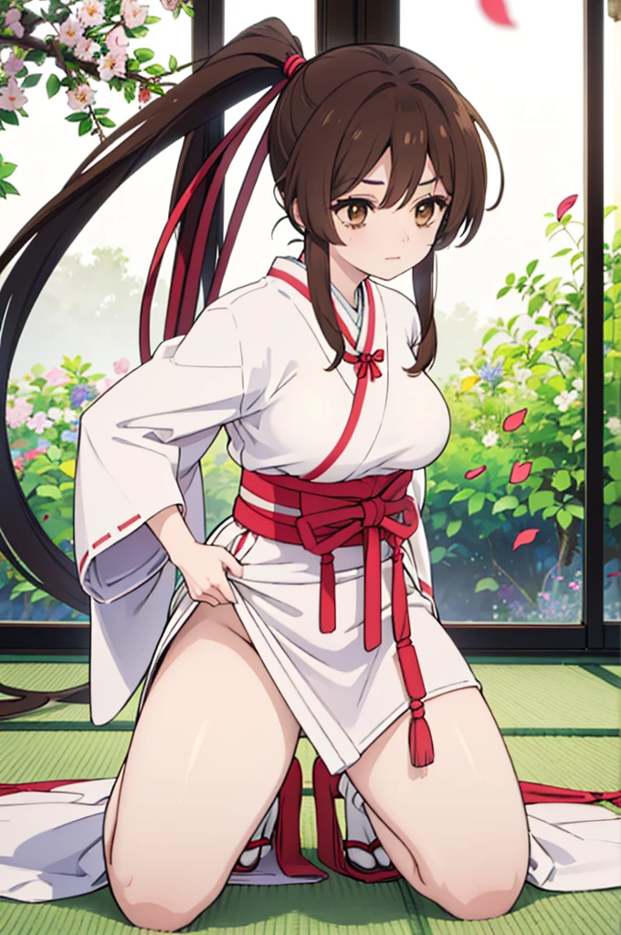 
IncrsUnsheathingAKatanaMeme, sheath, holding sheath,Realistic image, detailed image, coherent image. 1 beautiful girl. She has long hair, styled in a ponytail, brown hair. Honey brown eyes, with long eyelashes. Sensual expression. sagiri yamada asaemon, long hair, black hair, ponytail, high ponytail, (brown eyes:1.5), japanese clothes, kimono, hakama, She has a curvy body, medium breasts and thick thighs. She is on her knees with her buttocks raised. View from front. Arching her back. In a room, surrounded by flower petals. Soft focus, Dramatic shadows, Volumetric lighting, natural lighting,