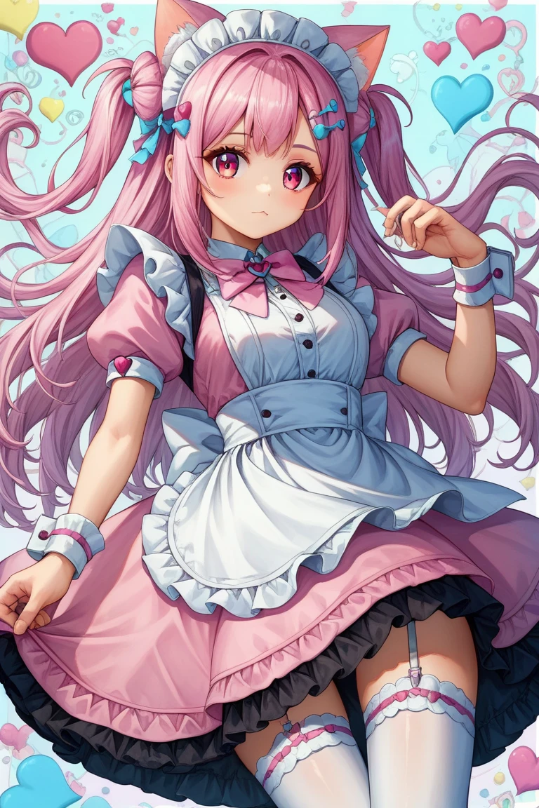 score_9, score_8_up, score_7_up,1girl,solo,sakuna,sexy pose,pink eyes,Beautiful Eyes,:3,pink hair,animal ears,maid headdress,thigh highs,puffy short sleeves,cat like ears,dress,apron,white apron,long hair,two side up,light blue bow,hair ornament,puffy sleeves,short sleeves,pink dress,wrist cuffs,pink bow,sakuna,sakunaXL,maid headdress,puffy short sleeves,dress,white apron,light blue bow,hair ornament,puffy sleeves,short sleeves,pink dress,wrist cuffs,pink bow,hair ornament,Official Costumes,(masterpiece,best quality,very aesthetic,ultra detailed),intricate details,pink heart background