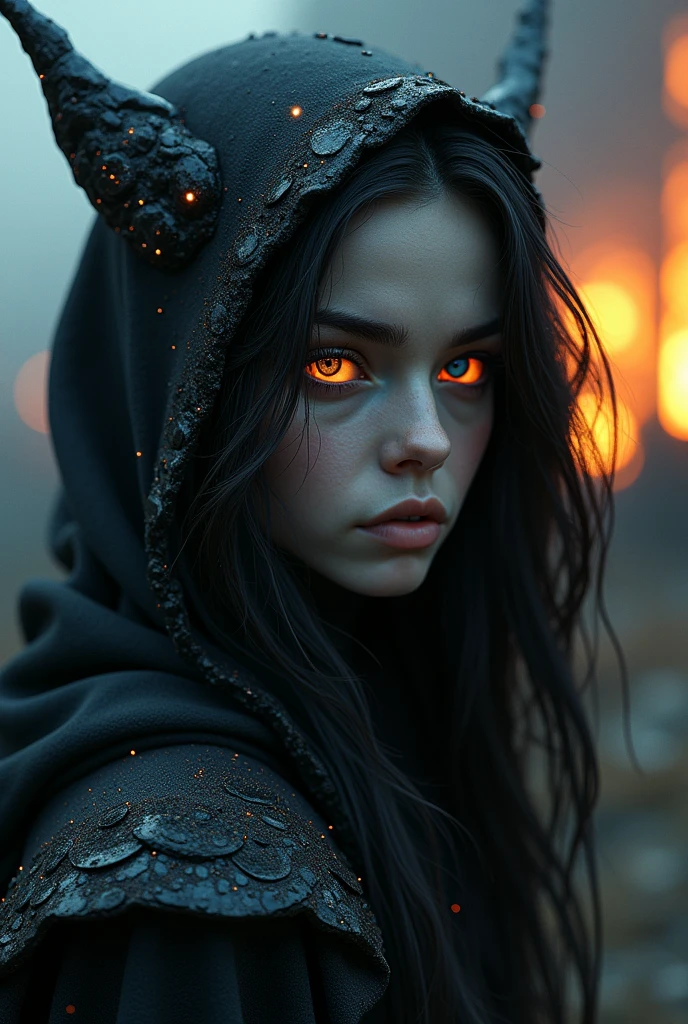 woman, upper body, brunette, irises red like burning embers. lips, wearing a black linen hooded cloak, long robe, brown hair, pink lips, outlined eyes, large breasts, freckles, slightly open mouth, wearing a scarf