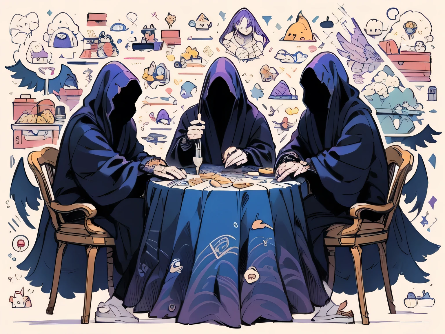 family table Conference, eating bread,((long table)), all Nazgul,looking at viewer,missing link,(Nazgul:1.3),(geometric pattern purple robe),fruits、machine wings,Small continent 、joy、 we are the protagonist、 protomedusa、Snakes get tangled 、ghost、(manga style),(sketch),(illustration),