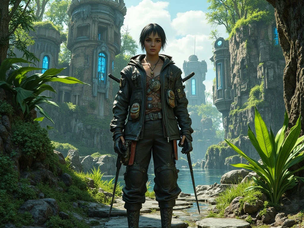 A man standing in front of a hidden city in a dense, lush rainforest. The city is a blend of futuristic architecture with sleek, glowing structures interwoven with ancient, moss-covered ruins. The jungle surrounds the city, thick with vibrant, oversized foliage and misty rain. The man is facing the camera, with a strong and determined expression. He holds a hybrid weapon—half a traditional, gleaming sword and half a sleek, advanced futuristic gun. He wears a half-leather jacket, weathered and worn, over a rugged, old dirty pair of pants, giving him a blend of fantasy and futuristic warrior vibes. The rain is gently falling, glistening off his jacket and the foliage around him. His stance is strong, ready for whatever lies ahead in this mysterious, high-tech yet ancient world.