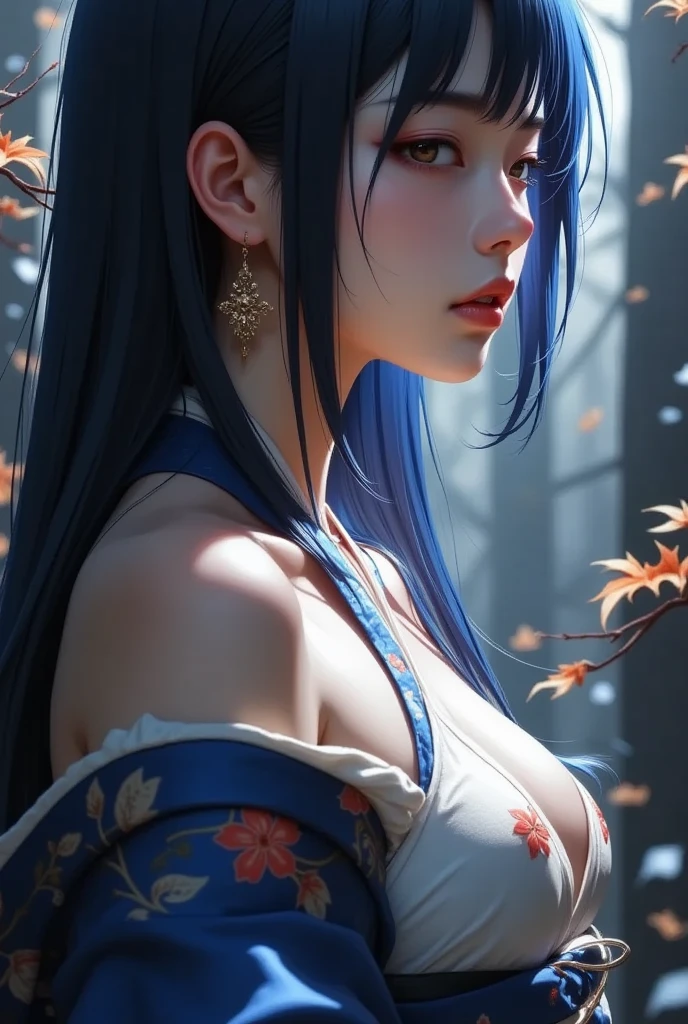 1girl, asian girl, upper body, expressionless, pale skin, black eyes, blue white hair, long hair, straight hair, bangs, makeup, earrings, kimono, off shoulder, cleavage, light armor, dramatic lighting, autumn, dreamlike, profile, highly detailed, dark fantasy oil painting