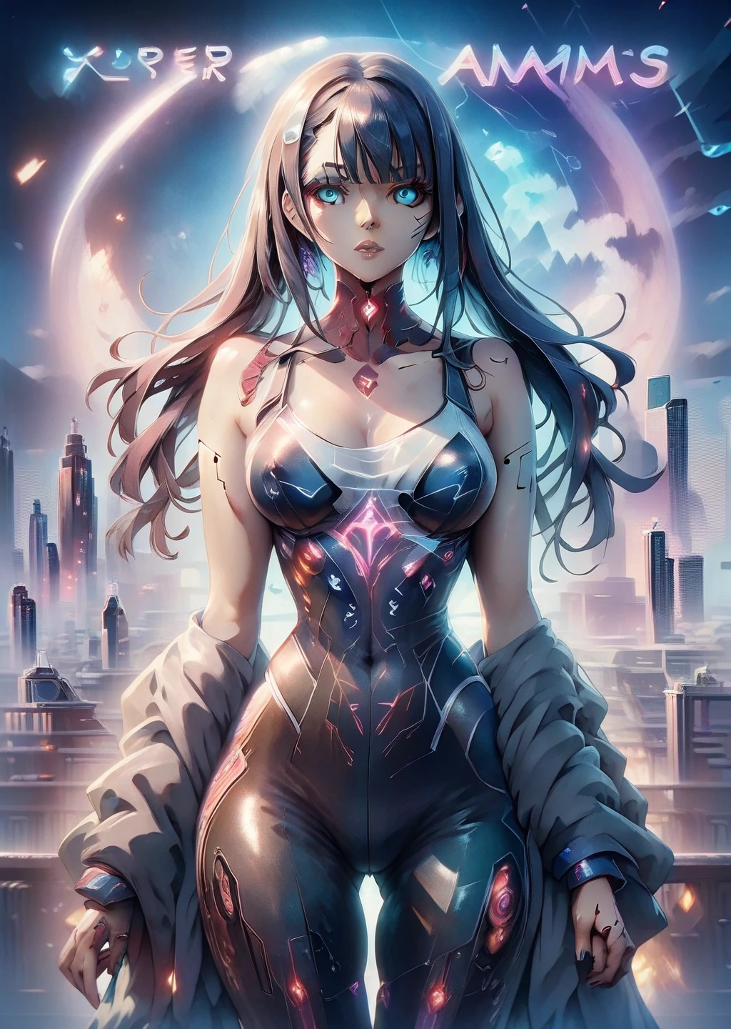 Girl with arm and blue led on her neck, cyberpunk city in the background, night, magazine cover, name osiris (magazine cover), (colorful magazine cover with lots of text), (cyberpunk illustration : 1.3), colorful paintings, comic book cover style, highly detailed, high quality, masterpiece, cyberpunk clothing, long black hair, night, neon, charming look, captivating pose, charm (Luis Royo : 1.2), (Yoshitaka Amano : 1.1), beautiful and luminous futuristic woman, complex circuits, neon colors, cyberpunk style, advanced technology, digital art, advanced details, realistic, dramatic lighting, dynamic pose, mysterious, mysterious, fascinating, book cover, ghost name osiris, blue slime, cyberpunk style, tank top, ((blue cyberpunk canvas pants)), magazine cover, (highly detailed : 1.2) (detailed cyberpunk cityscape : 1.3), (high resolution : 1.2)