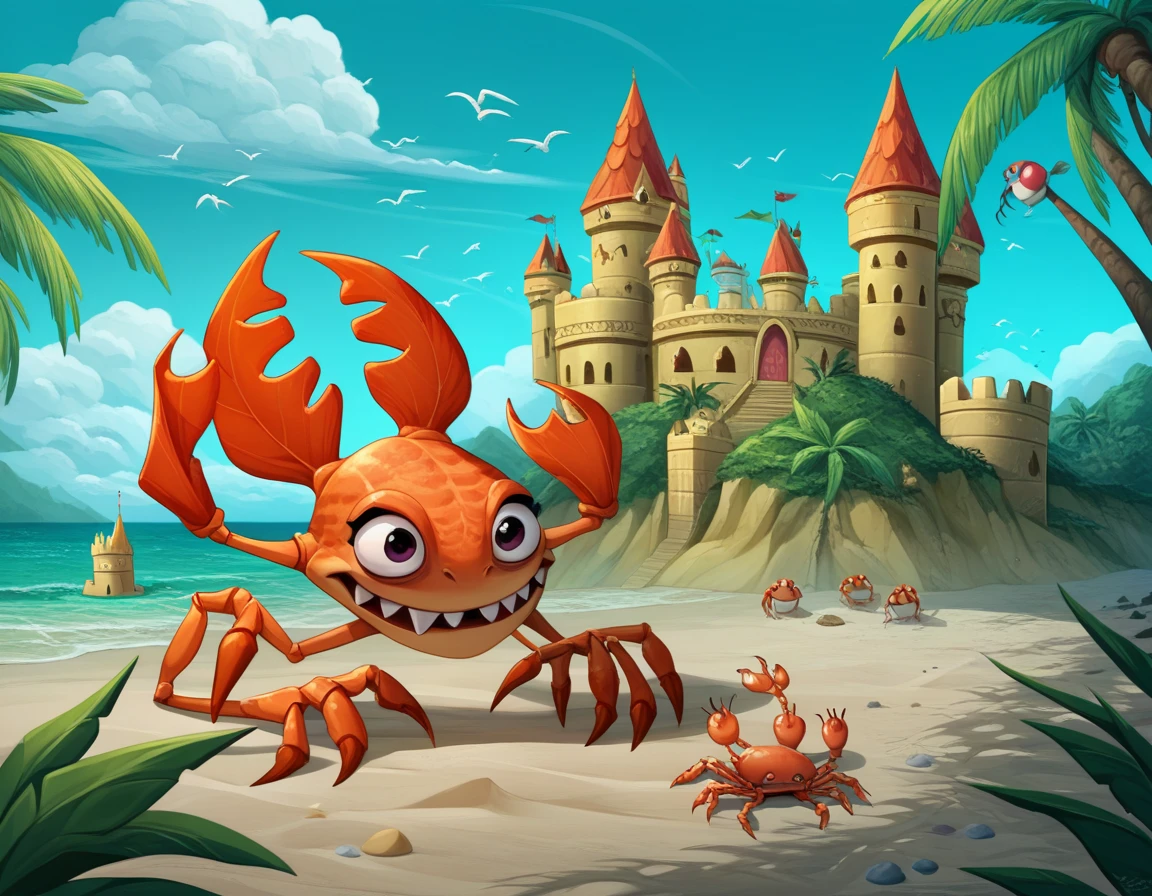 funny style , Pixar style , cartoon style , (((семья Crabs( intelligent sea crabs )  with claws and a scoop ( baby scoop )  build a sand castle on the seashore,)))  funny fun style , крупный план на Crabs(семья Crabs папа краб, мама краб и 2 детишек Crabs), cute crabs ,  seagulls soar over the sea ,  light waves ,  beautiful beach sand ,  palm trees in the distance ,  sweet warm atmosphere  , веселый funny style  ,detailed character work(Crabs)