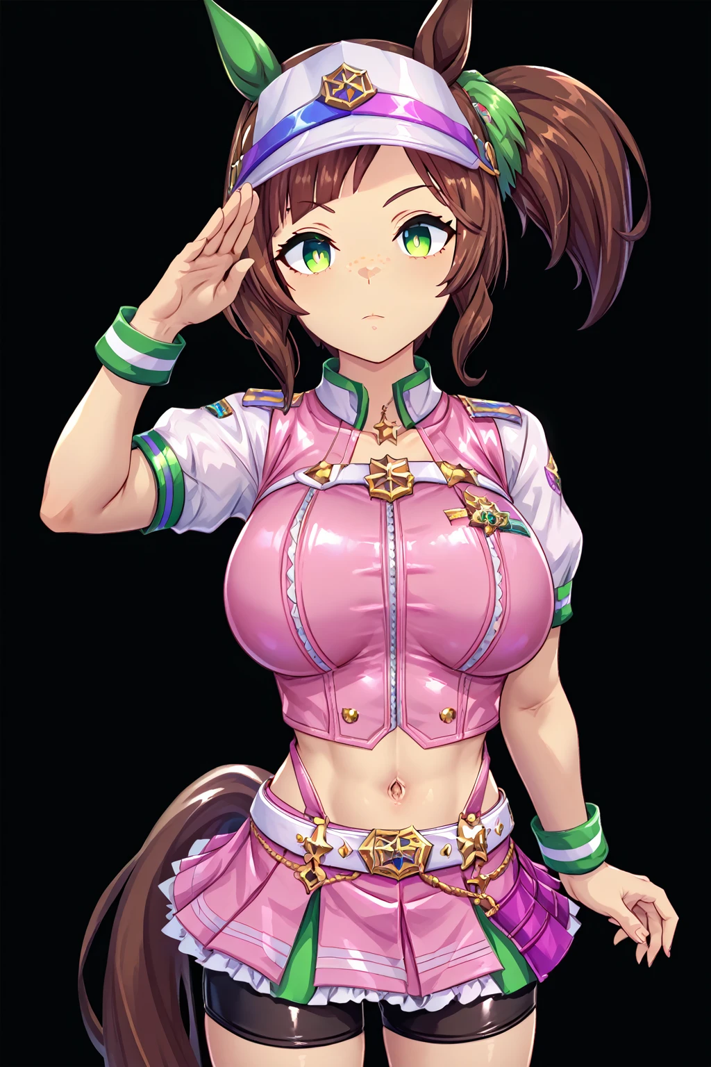 (nsfw),1girl,Alone,sole female,umamusume,ines fujin\(umamusume\),I_FUJIN,ines fujin,side ponytail,blunt bangs,asymmetrical bangs,brown hair,green eyes,freckles,horse girl,horse ears,horse tail, IF_A,visor cap,pink jacket,white puffy short sleeves,pink skirt,navel,bike shorts,white belt,large breasts,looking at viewer,(empty eyes,blank eyes,no highlights,expressionless,no expression,no pupils),((salute,standing)),((from front,front view,cowboy shot)),black background,simple background,BREAK,(Anatomically correct),(ultra detailed),(ultra resolution),(best illustration),(masterpiece),(best quality),(detailed face),(cute eyes),shiny,5 fingers,score_9_up, score_8_up, score_7_up, score_6_up, score_5_up,8K,4K,cinematic lighting,figure,