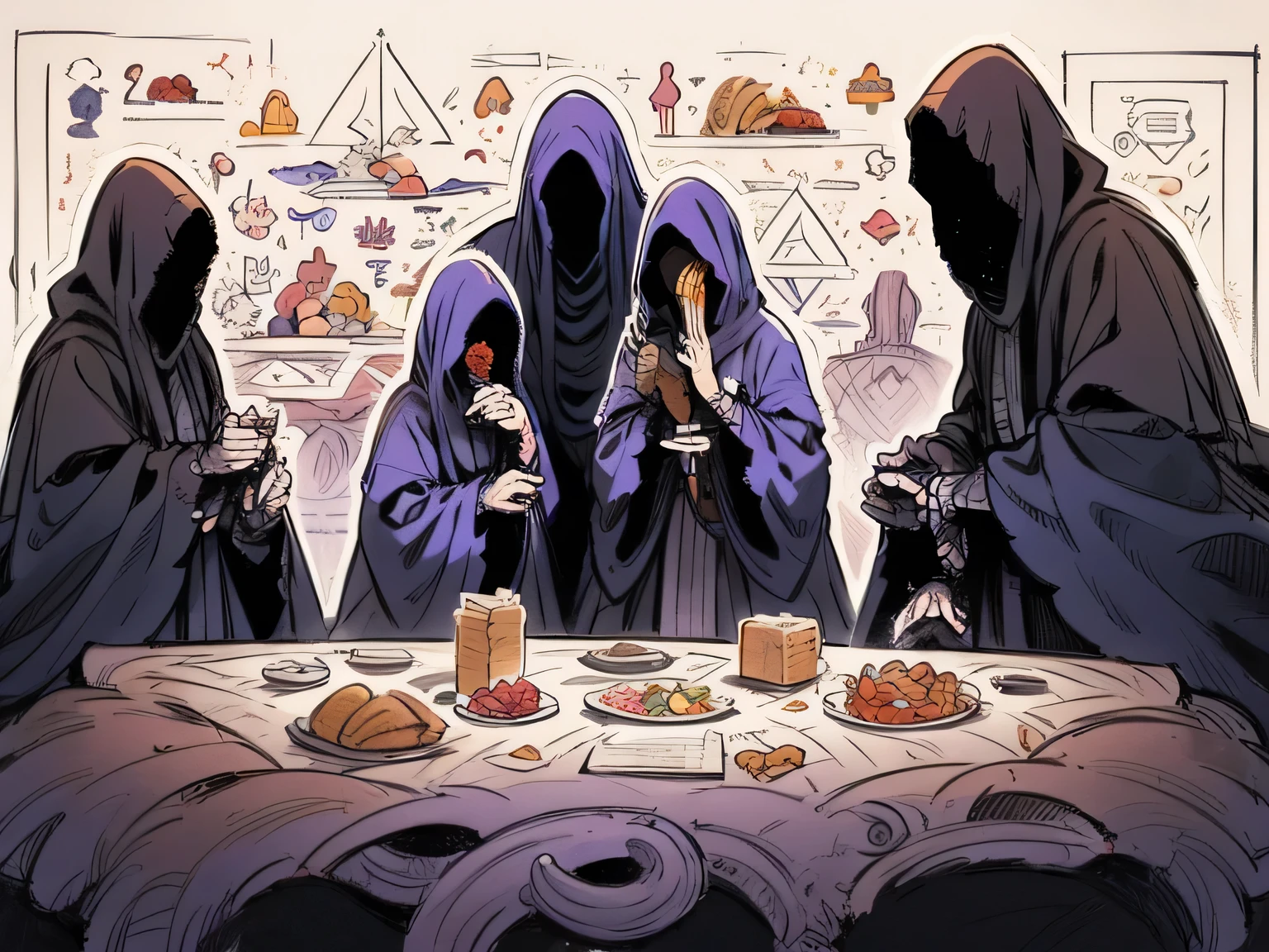 family table Conference, eating bread,((long table)), all Nazgul,looking at viewer,missing link,(Nazgul:1.3),(geometric pattern purple robe),fruits、machine wings,Small continent 、joy、 we are the protagonist、 protomedusa、Snakes get tangled 、ghost、(manga style),(sketch),(illustration),