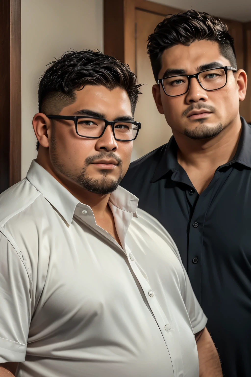 (8k, high definition, high resolution, ultra realistic, masterpiece) two handsome Caucasian obese men beside each other. wearing collared shirt. one of them wearing glasses. Upper body shot. Background: Baguio, Philippines