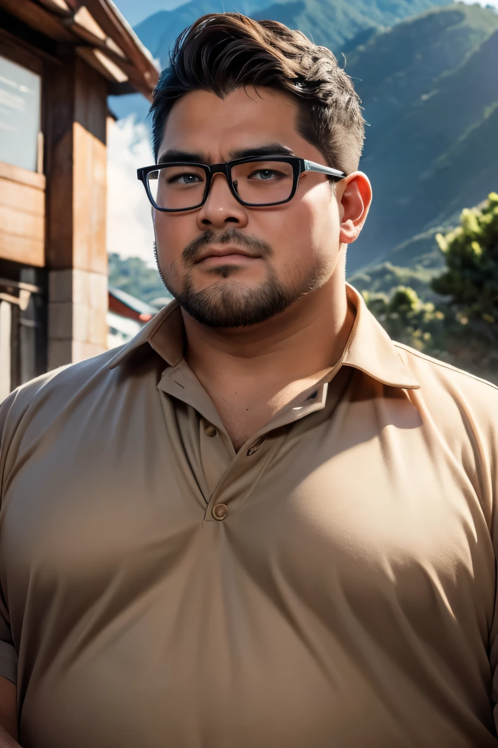 (8k, high definition, high resolution, ultra realistic, masterpiece) two handsome Caucasian obese men beside each other. wearing collared shirt. one of them wearing glasses. Upper body shot. Background: Baguio, Philippines