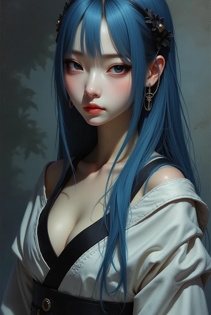 1girl, asian girl, upper body, expressionless, pale skin, black eyes, black eyeshadow, blue white hair, long hair, straight hair, bangs, makeup, earrings, kimono, off shoulder, cleavage, light armor, dramatic lighting, autumn, dreamlike, profile, highly detailed, dark fantasy oil painting